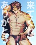  1boy abs absurdres adjusting_clothes adjusting_swimsuit aoi_(husiginokuninoa) bara bulge cowboy_shot crotch_grab furry furry_male highres holding holding_clothes holding_jacket jacket large_pectorals male_focus male_swimwear mature_male muscular muscular_male muted_color navel necklace_between_pecs nipples nomad_(housamo) orange_fur pectorals short_hair solo standing stomach swim_briefs swimsuit thighs tiger_boy tokyo_afterschool_summoners topless_male translation_request unworn_jacket 