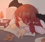  :o bat_wings bespectacled blush book book_stack candle cookie eyes_visible_through_hair food glasses head_wings highres koakuma long_hair long_sleeves open_book plate pointy_ears red-framed_eyewear red_hair semi-rimless_eyewear shirt sidelocks simple_background sleeping table touhou upper_body white_shirt wings yige_chizi 