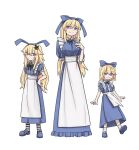  3girls alice_(black_souls) apron black_ribbon black_souls blonde_hair blue_bow blue_dress blue_footwear bow closed_mouth commentary dress frills full_body hair_bow hair_ornament hand_on_own_chest hand_on_own_hip highres long_hair looking_at_viewer multiple_girls neck_ribbon pout purple_eyes rabbit_hair_ornament rabbit_king ribbon short_hair simple_background smile socks striped striped_socks symbol-only_commentary white_apron white_background 
