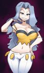  1girl blue_eyes blue_hair breasts camisole cleavage crop_top hand_in_own_hair hand_on_own_hip highres karen_(pokemon) long_hair midriff missandydandy navel pants pokemon pokemon_(game) pokemon_hgss smile stomach white_pants yellow_camisole 