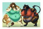  2018 2_horns anthro big_breasts biglovealicia black_hair blue_eyes border bovid bovine breasts brown_body brown_fur brown_hair cattle cel_shading clothed clothing curvy_figure deep_navel duo ears_down ears_up eyes_closed female fingers fully_clothed fur hair hand_on_hip hi_res hooved_fingers hooves horn huge_belly light lighting looking_at_breasts mammal markings multicolored_body multicolored_fur navel obese obese_female orange_markings overweight overweight_female pivoted_ears shaded signature simple_background standing tail tail_tuft thick_thighs tuft unguligrade white_body white_border white_fur wide_hips 