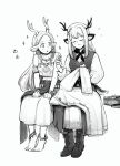  2girls :o a_deer_of_nine_colors alina_(arknights) animal_ear_piercing animal_ears anklet antler_ornament antler_ring antlers arknights bandeau barefoot beamed_eighth_notes blush boots bracelet closed_eyes coat cross-laced_footwear deer_antlers deer_ears deer_girl deer_tail dress eighth_note full_body greyscale hair_ornament hairclip highres holding holding_clothes holding_sewing_needle invisible_chair jewelry long_hair looking_at_another monochrome multiple_anklets multiple_bracelets multiple_girls musical_note neckerchief necklace nine-colored_deer pinafore_dress print_bandeau sewing sewing_kit silverxp simple_background sitting skirt sleeveless sleeveless_dress smile sparkle tail twitter_username unworn_coat very_long_hair watching white_background 