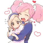  2girls aged_down aikatsu! aikatsu!_(series) amahane_madoka asami_(highway) blonde_hair blue_hairband blush brown_eyes carrying closed_eyes drill_hair hairband heart hug hug_from_behind kurosawa_rin_(aikatsu!) long_sleeves multicolored_hair multiple_girls open_mouth pink_hair school_uniform simple_background starlight_academy_school_uniform streaked_hair twin_drills twintails wing_hair_ornament yuri 