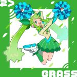  cheerleader grass_miku_(project_voltage) green_eyes green_hair green_skirt hair_ornament hatsune_miku highres jumping kneehighs legs_together long_hair long_sleeves musical_note musical_note_hair_ornament one_eye_closed open_mouth ozido poke_ball pokemon pom_pom_(cheerleading) project_voltage shoes skirt sneakers socks twintails very_long_hair vocaloid 