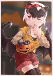 1girl absurdres animal_ears bat_ears bat_girl bat_wings belt black_belt black_hair black_thighhighs blush bow collarbone cookie cowboy_shot daito_fruit_bat_(kemono_friends) extra_ears finger_in_own_mouth food grey_hair hair_bow halloween halloween_bucket highres jewelry kemono_friends long_sleeves multicolored_hair necklace one_eye_closed plaid plaid_shirt red_bow red_eyes red_shorts shirt short_hair short_sleeves shorts solo sweater thighhighs toriny white_hair wings yellow_shirt yellow_sweater 