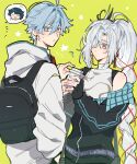  2boys ? ^_^ aged_up alternate_costume backpack bag black_gloves blue_hair blush braid braided_ponytail breasts chongyun_(genshin_impact) closed_eyes closed_mouth earrings fingerless_gloves genshin_impact gloves green_background grey_hair gurugnsn hair_ornament hair_over_one_eye highres jacket jewelry light_blue_hair long_hair multiple_boys open_mouth shenhe_(genshin_impact) simple_background star_(symbol) sweat tassel tassel_earrings very_long_hair xingqiu_(genshin_impact) 