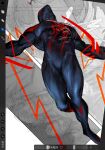  1boy animal_print arm_blade bara blue_bodysuit bodysuit bulge highres large_pectorals male_focus marvel muscular muscular_male outstretched_arms pectorals print_bodysuit red_bodysuit skin_tight solo spider-man:_across_the_spider-verse spider-man_(2099) spider-man_(series) spider-verse spider_print spread_arms thick_thighs thighs turning_head two-tone_bodysuit unfinished weapon xkov_(cerberuskeeper) 