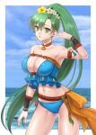  1girl bikini blue_bikini blue_sky border breasts choker cleavage cloud collarbone commentary_request earrings fire_emblem fire_emblem:_the_blazing_blade fire_emblem_heroes flower green_eyes green_hair hair_between_eyes hazuki_(nyorosuke) head_wreath highres jewelry large_breasts long_hair looking_at_viewer lyn_(fire_emblem) lyn_(summer)_(fire_emblem) navel ocean official_alternate_costume outdoors outside_border ponytail sky solo stomach swimsuit very_long_hair water white_border 