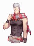  1boy 2608337875 abs blue_eyes earrings flattop grey_hair grey_scarf highres jean_pierre_polnareff jewelry jojo_no_kimyou_na_bouken male_focus multicolored_clothes multicolored_scarf red_scarf scarf shirt stardust_crusaders striped striped_scarf tight tight_shirt vertical-striped_scarf vertical_stripes 