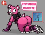  all_fours anthro athletic athletic_anthro athletic_female athletic_male bear big_butt bow_ribbon bow_tie butt butt_focus cuddle_team_leader dancing epic_games exclamation_point female fortnite fur human humanoid knocked_down limeslemonades male male/female mammal ninja_(fortnite) pink_body pink_fur solo speech_bubble tyler_blevins 