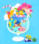  :o :t bandana bandana_waddle_dee blipper blue_background blue_bandana blush blush_stickers brown_headwear cherry closed_eyes closed_mouth cloud commentary_request coral cup diving_mask drinking_glass drinking_straw fish flower flower_necklace food fruit gloves goggles hat innertube kine_(kirby) king_dedede kirby kirby_(series) lei looking_up mask meta_knight midooka_(o_k_k) open_mouth orange_(fruit) orange_slice pink_flower shutter_shades simple_background smile star_(symbol) starfish straw_hat submerged sunglasses swimming water watermelon white_gloves yellow_flower 