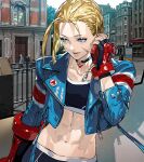  1girl abs blonde_hair blue_eyes cammy_white cellphone choker gloves holding holding_phone jacket midriff mita_chisato navel open_clothes open_jacket phone red_gloves scar scar_on_cheek scar_on_face solo sports_bra street_fighter street_fighter_6 