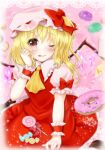  1girl :q blonde_hair bow candy candy_wrapper collared_shirt crystal doughnut flandre_scarlet food frilled_shirt_collar frilled_skirt frilled_sleeves frills hair_between_eyes hat hat_bow ichinose_aki lollipop looking_at_viewer macaron medium_hair mob_cap multicolored_wings one_eye_closed one_side_up pink_background puffy_short_sleeves puffy_sleeves red_bow red_eyes red_ribbon red_skirt red_vest ribbon ribbon-trimmed_headwear ribbon-trimmed_sleeves ribbon_trim shirt short_sleeves simple_background skirt skirt_set sleeve_bow solo swirl_lollipop tongue tongue_out touhou vest white_headwear white_shirt wings wrist_cuffs 