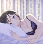 1girl artist_name bed bedroom black_hair blue_bra blue_eyes bra breasts commentary curtains highres indoors lace-trimmed_bra lace_trim looking_at_viewer lying medium_breasts mole mole_under_eye on_bed on_side original osumi_izumi pillow print_bra short_hair signature solo string_lights underwear underwear_only 