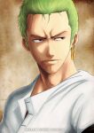  1boy black_eyes closed_mouth commentary_request dated earrings green_hair jewelry k-suwabe male_focus one_piece roronoa_zoro shirt short_hair single_earring solo white_shirt 