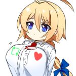  1girl :o ahoge arrow_(symbol) blazblue blonde_hair blue_bow blue_eyes bow braid braided_ponytail breasts center_frills es_(xblaze) frills hair_between_eyes hair_bow heart huge_ahoge kkis-i large_breasts like_and_retweet long_hair long_sleeves lowres meme motion_lines necktie open_mouth red_necktie retweet_(meme) shirt simple_background single_braid solo tented_shirt underbust white_background xblaze xblaze_code:_embryo 