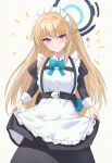  1girl apron blonde_hair blue_archive blue_bow blue_bowtie blue_eyes blue_hair blue_halo bow bowtie braid closed_mouth commentary_request grey_background halo highres itaba_atsushi long_hair long_sleeves looking_at_viewer maid maid_apron maid_headdress multicolored_hair puffy_long_sleeves puffy_sleeves simple_background solo toki_(blue_archive) two-tone_hair 