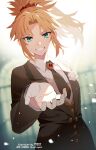  1girl artist_name black_jacket blonde_hair braid collared_shirt fate/apocrypha fate/grand_order fate_(series) flower formal gloves green_eyes hair_ornament hair_scrunchie highres jacket long_hair long_sleeves looking_at_viewer meiji_ken mordred_(fate) mordred_(formal_dress)_(fate) necktie official_alternate_costume parted_bangs ponytail red_scrunchie scrunchie shirt smile solo suit teeth upper_body white_flower white_gloves white_shirt 