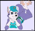  2021 anthro blue_eyes bottomless bottomless_anthro bottomless_female butt canid canine canis claws clothed clothing crossed_legs domestic_dog everest_(paw_patrol) female fur hands_on_chin hat headgear headwear inner_ear_fluff legs_up looking_at_viewer lying mammal marcushunter mouth_closed on_front paw_patrol paws raised_tail signature smile smiling_at_viewer solo tail toe_claws topwear tuft wide_eyed 