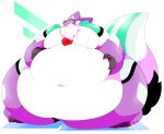  2019 ambiguous_gender anthro blush chest_tuft deep_navel dragon embarrassed fur furred_dragon morbidly_obese navel obese overweight purple_body purple_fur solo squeezing_belly tail thick_thighs tuft watermark weighty-kyte 