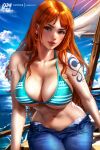  1girl absurdres animal_ears aqua_bikini artist_name bikini bikini_top_only breasts brown_eyes day denim highres jeans large_breasts lips logan_cure long_hair looking_at_viewer nami_(one_piece) navel one_piece open_fly orange_hair outdoors pants shoulder_tattoo solo swimsuit tattoo wet 