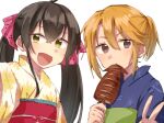  2girls ahoge alternate_costume alternate_hairstyle beat_shooter_(idolmaster) black_hair blue_kimono bow child dot_nose dragonfly_print eating floral_print food green_sash hair_between_eyes hair_ribbon holding holding_food idolmaster idolmaster_cinderella_girls ikayaki japanese_clothes kimono light_blush long_hair looking_at_viewer matoba_risa multiple_girls obi official_alternate_costume open_mouth orange_hair patterned_clothing pink_ribbon ponytail purple_eyes red_sash ribbon sash sidelocks simple_background smile squid straight_hair swept_bangs toya_0321 twintails upper_body v white_background yellow_eyes yellow_kimono yukata yuuki_haru 