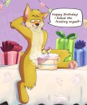  absurd_res anthro ball_tuft balls_deep bent_legs black_nose blush blush_lines cake canid canine dessert feet fehn_fennec fennec food food_fetish food_play foot_focus footprint fox frosting frosting_everywhere fur furniture gift happy_birthday hi_res licking licking_lips male mammal no_pupils number party pawpads pawprint penetration pink_pawpads solo speech_bubble table tablecloth text tongue tongue_out translucent tuft wag wink_emoticon yellow_body yellow_fur 