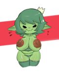  big_breasts breasts clothed clothing crown female goblin goblin_princess headgear huge_breasts humanoid humanoid_pointy_ears legwear looking_at_viewer not_furry panties simple_background smile solo thigh_highs topless underwear vono 