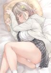  1girl ass bare_legs bed blush breasts closed_eyes grey_hair grey_hoodie grey_skirt hair_ornament highres hood hoodie large_breasts leaf_hair_ornament long_sleeves lying miniskirt on_side original panties pillow plaid plaid_skirt shirt short_hair skirt smile socks solo underwear white_panties white_shirt white_socks wing_(aiastor) 