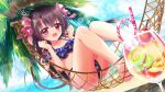  1girl :d bare_legs barefoot beach bikini black_hair blue_bikini blue_sky bow breasts cherry cleavage cloud collarbone condensation crazy_straw cup day dot_nose drinking_glass drinking_straw dutch_angle film_grain floral_print food fruit game_cg hair_bow hammock hands_up horizon ice ice_cube ichikishima_mizuha izumi_tsubasu kiwi_(fruit) kiwi_slice lying medium_breasts non-circular_lens_flare non-web_source ocean official_art on_back orange_(fruit) orange_slice palm_tree pink_bow print_bikini purple_eyes re:stage! sky smile solo straight_hair sun swimsuit tree 