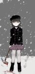 1girl arms_at_sides beret black_bow black_choker black_headwear black_jacket blood blood_on_clothes blood_on_snow blood_on_weapon boots bow brown_eyes brown_hair buttons choker closed_mouth collared_jacket commentary_request double-breasted dripping expressionless frilled_skirt frills grey_background hammer hat hat_bow hatoba_tsugu holding holding_hammer jacket long_sleeves looking_at_viewer mole mole_under_eye outdoors pink_skirt rokka_seira skirt snow snowing solo standing straight-on tsugu_(vtuber) virtual_youtuber weapon 