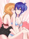  2girls absurdres aracari bare_shoulders blonde_hair blue_bra blue_eyes blue_hair blue_panties blush bra breasts chibana_sumika cleavage closed_eyes closed_mouth collarbone commentary english_commentary hair_bun heart heart_pillow highres hug hug_from_behind long_hair mamiya_kanoko medium_breasts multiple_girls nail_polish navel nipple_tweak nipples one_eye_closed panties parted_lips partially_undressed pillow red_bra red_nails red_panties sidelocks single_hair_bun sitting underwear underwear_only watashi_no_yuri_wa_oshigoto_desu! yuri 