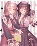  2girls :o alternate_costume alternate_hair_ornament black_bow blush bow breasts brown_hair character_request closed_mouth danganronpa_(series) danganronpa_2:_goodbye_despair eyepatch galaga hair_ornament heart heart_eyepatch highres hinata_hajime holding holding_phone kkochmeli komaeda_nagito large_breasts light_brown_hair long_sleeves medium_breasts medium_hair multiple_girls nail_polish nanami_chiaki phone pink_bow pink_shirt puffy_sleeves rabbit_hair_ornament shirt short_sleeves skirt smile standing striped striped_background v 