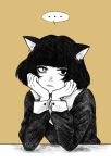  ... 1girl animal_ear_fluff animal_ears blunt_bangs bob_cut brown_background cat_ears cat_girl closed_mouth elbow_rest head_rest heterochromia long_sleeves monochrome original short_hair simple_background solo spoken_ellipsis sumoffu upper_body 