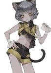  1girl :3 alternate_costume animal_ear_fluff animal_ears belt blunt_bangs blush buttons cat_ears cat_girl cat_tail closed_mouth contrapposto cowboy_shot fingernails grey_hair hand_on_own_hip hand_up head_tilt highres holding holding_clothes looking_at_viewer manuka_x_x medium_bangs medium_hair midriff navel nina_(valis) short_shorts shorts simple_background smile solo tail valis_(sinsekai) white_background wrist_cuffs yellow_eyes yellow_nails 