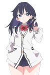  1girl black_hair blue_eyes bow bowtie cardigan closed_mouth commentary_request gridman_universe ixy long_sleeves medium_hair red_bow red_bowtie simple_background solo ssss.gridman takarada_rikka thick_thighs thighs white_background white_cardigan 