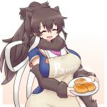  1girl animal_ears apron breasts brown_hair elbow_gloves elephant_ears elephant_girl elephant_tail english_text extra_eyes food gloves hair_between_eyes happy highres kemono_friends large_breasts long_hair mammoth_(kemono_friends) mo23 ponytail ribbon smile solo steam white_ribbon 