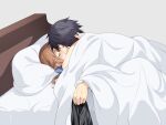  1boy 1girl bed black_shirt blue_bow blue_hair bow brown_hair closed_eyes commentary eiyuu_densetsu hakuleg kiss lying on_back pillow rean_schwarzer sen_no_kiseki shirt shirt_removed short_hair simple_background symbol-only_commentary towa_herschel under_covers undressing_another 