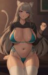  1girl :o animal_ears blush breasts cat_ears cat_girl cat_tail cleavage collarbone commentary english_commentary facial_mark genshin_impact grey_hair hand_up highres large_breasts long_hair long_sleeves looking_at_viewer lynette_(genshin_impact) navel open_mouth purple_eyes sidelocks solo star_(symbol) star_facial_mark stomach tail thighhighs thighs underboob white_thighhighs zaphn 