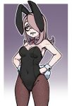  1girl animal_ears armpits bare_shoulders black_leotard border bow bowtie breasts bright_pupils cleavage covered_navel cowboy_shot detached_collar eyeshadow fake_animal_ears fake_tail fishnets flipped_hair gradient_background hair_over_one_eye hands_on_own_hips leotard little_witch_academia long_hair looking_ahead makeup medium_breasts mori_no_yousei outline outside_border parted_lips pink_hair playboy_bunny purple_background purple_eyeshadow rabbit_ears rabbit_tail red_bow red_bowtie red_eyes sharp_teeth simple_background solo standing straight_hair strapless strapless_leotard sucy_manbavaran tail teeth two-tone_background white_background white_border white_outline white_pupils wrist_cuffs 