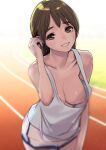  1girl bare_shoulders breasts brown_eyes brown_hair collarbone downblouse dytm hand_in_own_hair hand_up highres large_breasts long_hair looking_at_viewer loose_clothes loose_shirt nipple_slip nipples no_bra original running_track shirt shorts solo standing tank_top white_shirt 