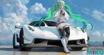  1girl aqua_necktie beret black_thighhighs blue_sky bubble_tea car character_name clothing_cutout cup day disposable_cup dress fingerless_gloves gloves goodsmile_racing green_eyes green_hair hair_ornament hat hatsune_miku high_heels highres holding holding_cup koenigsegg_(automobile) koenigsegg_jesko long_hair motor_vehicle necktie outdoors parted_lips racing_miku racing_miku_(2023) side_cutout sky solo spoiler_(automobile) sports_car star_(symbol) star_hair_ornament thighhighs twintails vocaloid white_dress white_footwear white_headwear xianggang_jizhe 