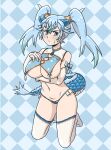  1girl acesrulez animal_ears blue_eyes blue_hair blush breasts covered_nipples dragon_girl dragon_tail huge_breasts kemono_friends kemono_friends_3 kneeling lingerie looking_at_viewer revealing_clothes seiryuu_(kemono_friends) tail twintails underwear 