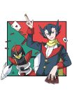  1boy 99akt1031 arm_up bisharp black_hair black_jacket border buttons card coin grimsley_(pokemon) hair_between_eyes highres holding holding_card holding_coin jacket looking_at_viewer male_focus open_mouth playing_card pointy_hair pokemon pokemon_(game) pokemon_bw scarf shirt smile white_border white_shirt yellow_scarf 