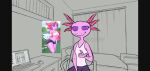  2023 amphibian anthro axolotl beckoning bed bedroom cavemanon clothing computer computer_mouse detailed_background digital_drawing_(artwork) digital_media_(artwork) exit-665 eyelashes farelie_willani female furniture gesture hi_res inside laptop looking_at_viewer marine mole_salamander pink_body pink_eyes pink_skin salamander she_likes_you_alotl shirt sitting smile solo tank_top text topwear translated unknown_artist 