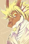  anthro blonde_hair clothing dragon facial_hair frill_(anatomy) goatee hair head_crest head_frill hi_res horn kas20241013 kemono looking_at_viewer male pupils red_eyes scalie scalir shirt slit_pupils smile solo topwear western_dragon 