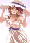  1girl :d bare_shoulders blush breasts brown_eyes brown_hair cleavage commentary_request covered_nipples dress female_pubic_hair hair_ribbon hands_up hat hat_ribbon highres hojo_karen idolmaster idolmaster_cinderella_girls large_breasts looking_at_viewer low_twintails mk_(mod0) navel nipples no_panties open_mouth pubic_hair purple_ribbon ribbon see-through see-through_dress shadow short_twintails smile solo strapless strapless_dress sun_hat tress_ribbon twintails white_dress white_headwear 