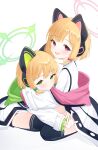 2girls absurdres animal_ear_headphones animal_ears aqua_bow black_thighhighs blonde_hair blue_archive blush bow cat_tail closed_mouth cobe fake_animal_ears green_eyes green_halo hair_bow halo headphones highres jacket long_sleeves midori_(blue_archive) momoi_(blue_archive) multiple_girls open_mouth pink_halo red_bow red_eyes shirt short_hair siblings simple_background sisters smile tail thighhighs twins white_background white_jacket white_shirt 