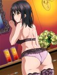  1girl ass black_bra black_hair bra breasts brown_eyes closed_mouth commentary_request cup drinking_glass facing_to_the_side flower from_behind hair_between_eyes hand_up highres himeragi_yukina indoors kororofu lace-trimmed_legwear lace_trim lingerie long_hair medium_breasts paid_reward_available panties pink_panties pink_thighhighs shoulder_blades smile solo strike_the_blood thighhighs underwear 