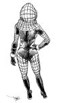  1girl ass bodysuit breasts from_behind full_body gloves greyscale highres hood hoodie monochrome sakura_spider signature simple_background skin_tight solo spider_web_print superhero uesugi_hikaru white_background 